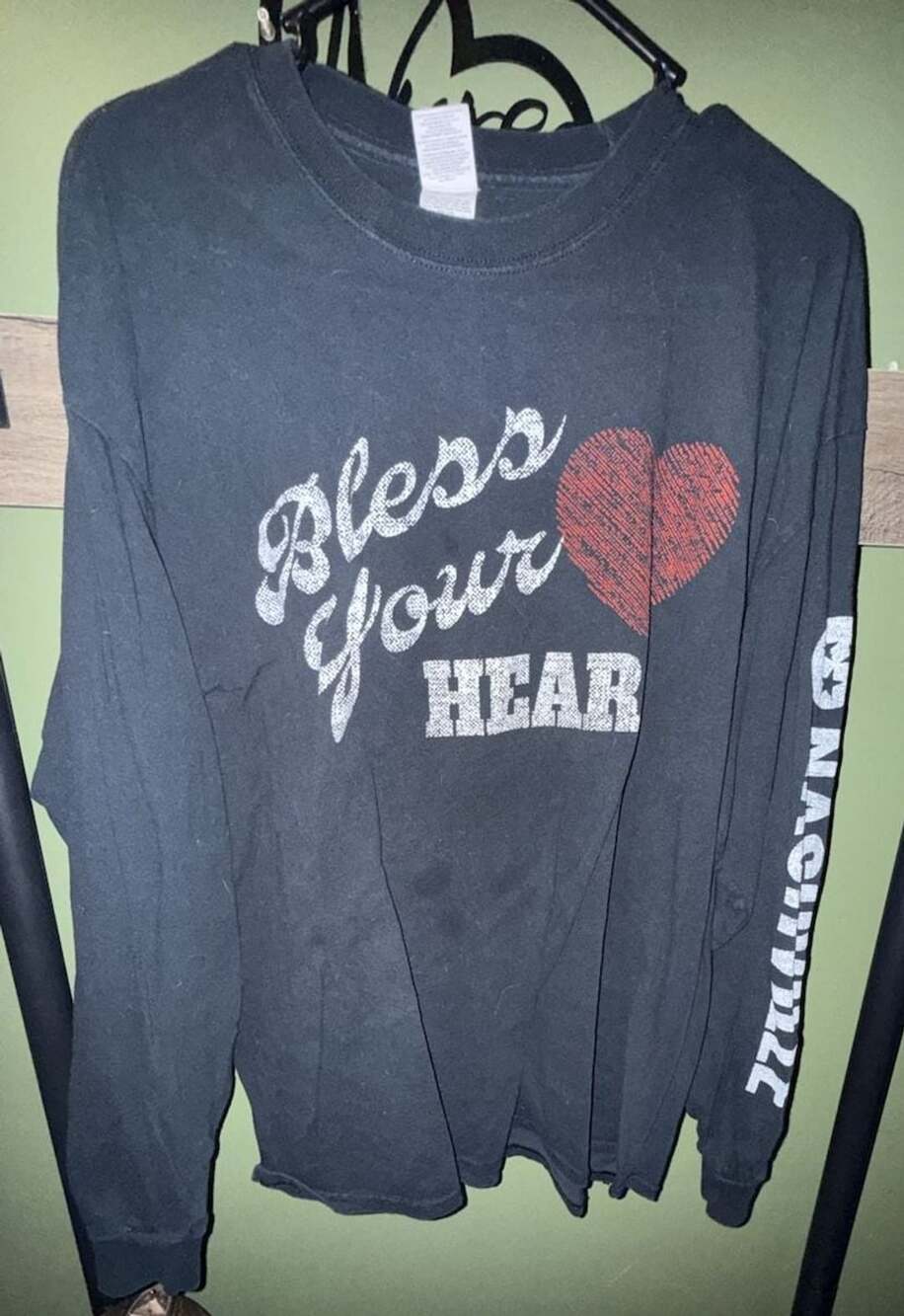Gildan Bless Your Heart Nashville Long Sleeve T-Shirt Size XL Black